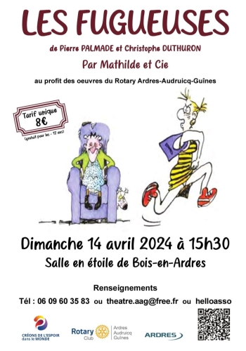 Dimanche 14 avril à 15h30 à Bois en Ardres.
8 €
06.09.60.35.83    theatre.aag@free.fr   et helloasso